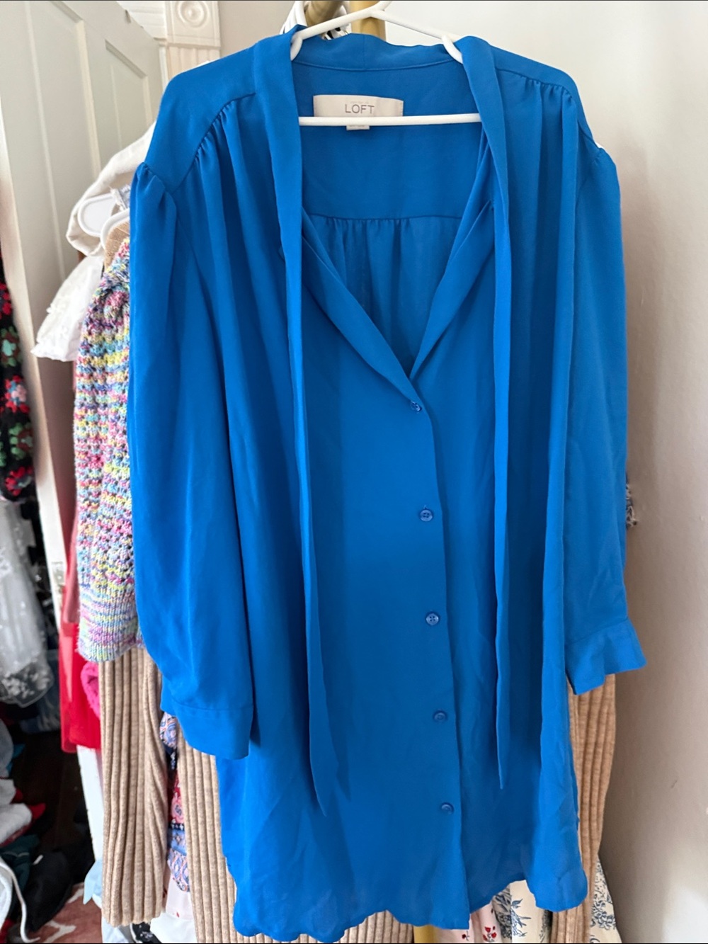 LOFT Vibrant Blue Long-Sleeve Button-Down Blouse with Neck Ties